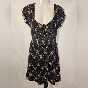 Urban Outfitters Black Floral Swiss Dot Smocked Fit & Flare Dress Small